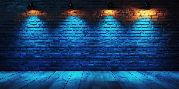 Dimly lit brick wall with blue and orange spotlights creates moody atmosphere, casting shadows on wooden floor. contrasting colors add depth and texture to scene
