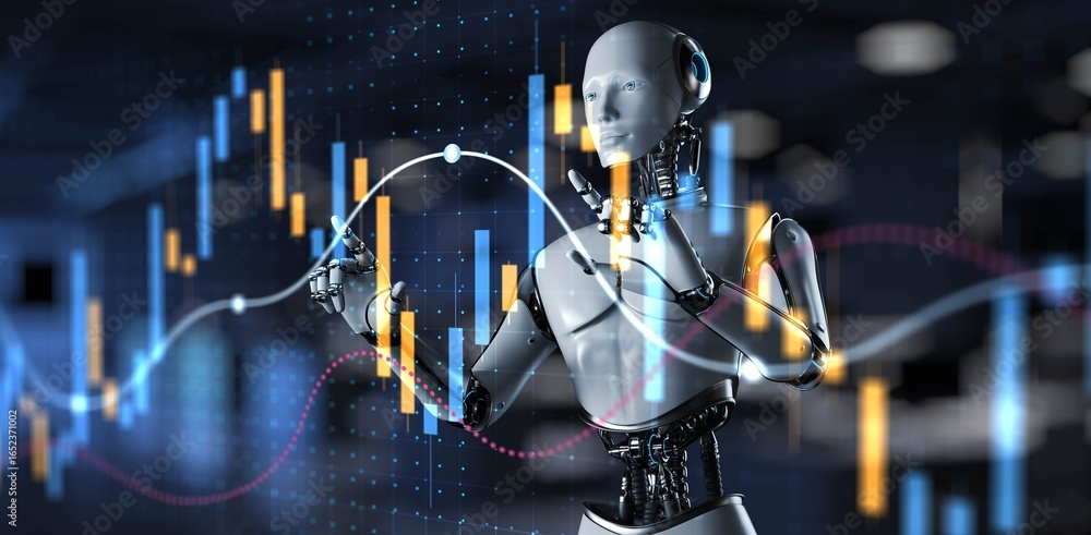 Poster artificial intelligence and data analysis for advanced market trends. 3d render.