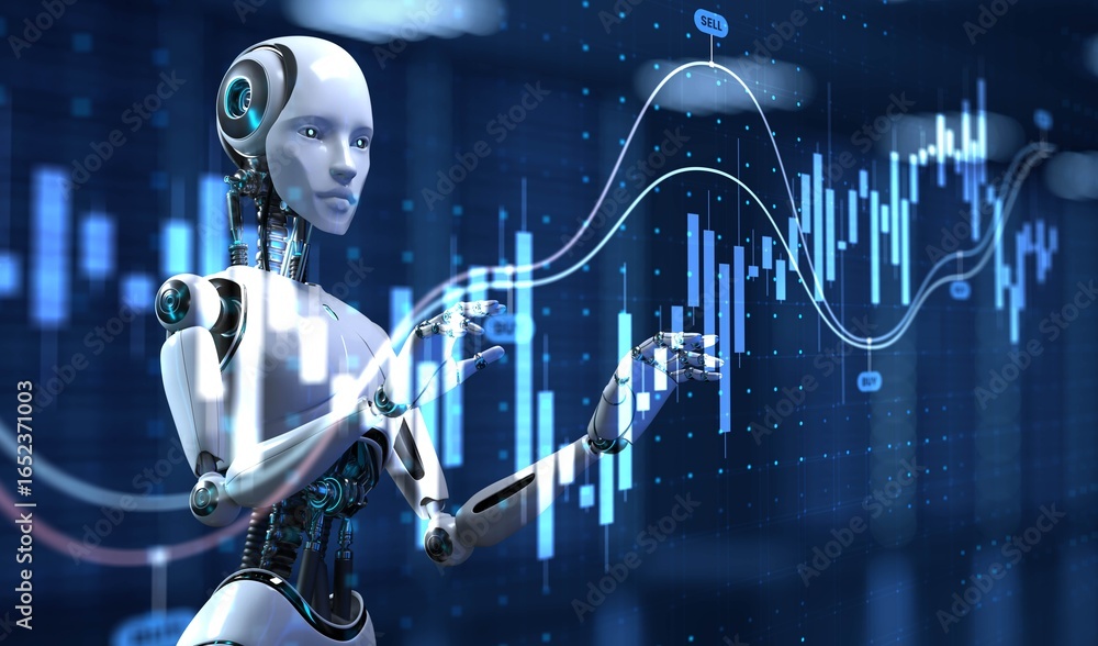 Poster ai-driven trading visualization for stock market predictions. 3d render.