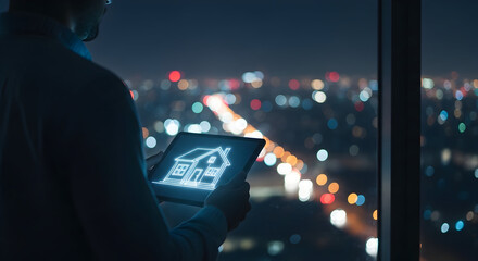 Person using a laptop overlooking a vast, illuminated cityscape from a tall building at night, showcasing digital technology and urban development.
