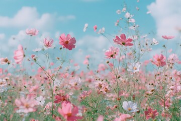 Beautiful Pink And White Cosmos Field Under Blue Sky