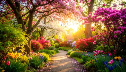Naklejka premium Sunlit path winds through vibrant spring garden, blossoms abundant
