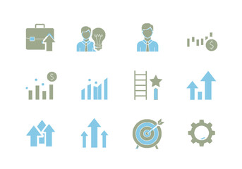 A set of twelve business icons illustrating growth, success, and progress.