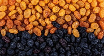 A closeup view of a pile of mixed raisins, featuring golden and dark varieties, showcasing their natural texture and sweet flavor