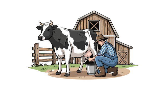 transparent background vector illustration farmer milking cow by barn