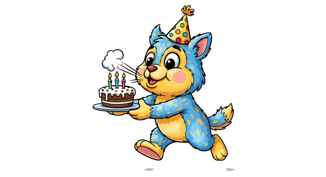 adorable blue cat with birthday cake transparent background vector illustration