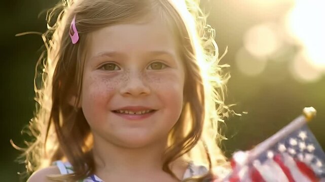 A happy young girl with freckles smiles warmly while holding a small American flag outdoors during a golden sunset.