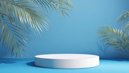 Obraz premium Minimalist plain blue background for product presentation with a white round podium and small palm leaves.