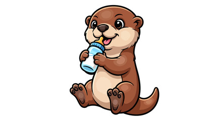 Obraz premium adorable baby otter with bottle transparent vector illustration for design