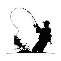 anglers triumph silhouette of fisherman catching fish on transparent background