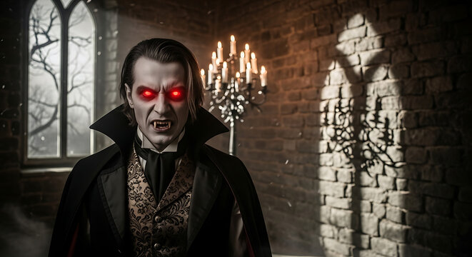 A menacing vampire with glowing red eyes standing in a dimly lit castle interior with fangs showing - Powered by Adobe