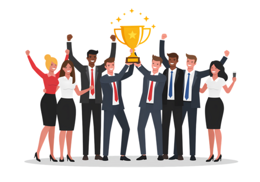 Triumphant Business Team Celebrating Success with a Golden Trophy isolated on transparent background