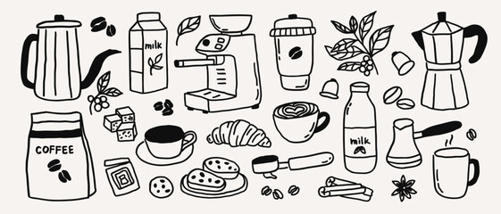Naklejka na ściany i meble Whimsical coffee line art doodle sketch. Whimsy breakfast with coffee cup, machine, croissant, cafeteria food. French brunch coquette vector outline illustration
