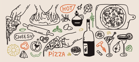 Whimsical pizza Italian food line art sketch. Whimsy doodle mediterranean wine dinner, hand holding pizza slice, hands knead dough. Wedding coquette vector outline illustration