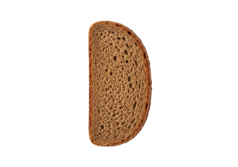 Single thin dark rye bread slice, deep rich brown, dense texture, fine grains, small air pockets, on pristine transparent background, uniform studio light, no shadows. Concept for food advertising