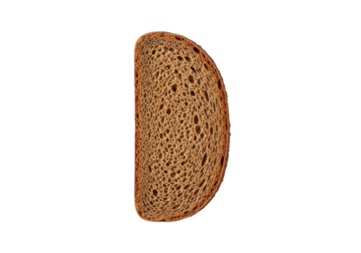 Single thin dark rye bread slice, deep rich brown, dense texture, fine grains, small air pockets, on pristine transparent background, uniform studio light, no shadows. Concept for food advertising