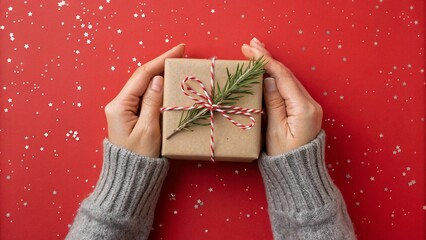Overhead shot of hands holding a christmas gift box wrapped in brown paper with a fir branch on a red background