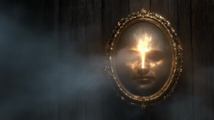 Golden face emerges from ornate mirror surrounded by mist and shadows in dimly lit room - Powered by Adobe