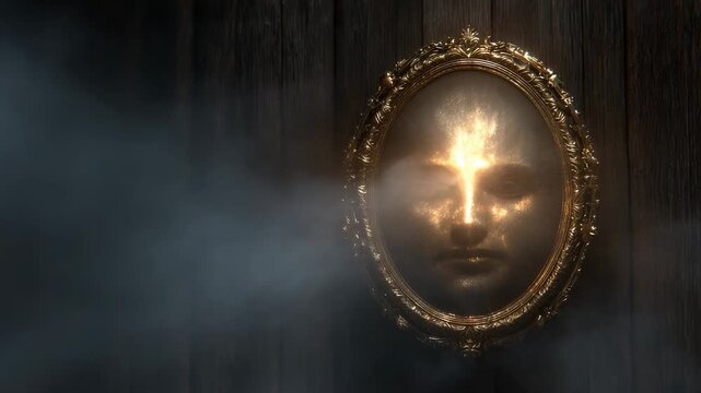 Golden face emerges from ornate mirror surrounded by mist and shadows in dimly lit room