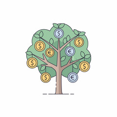 A simple line art illustration of a money tree with gold dollar and silver euro coins hanging from its branches.