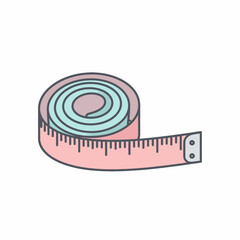 A coiled pink and blue tailor's tape measure, a tool for sewing, crafts, and body measurements.