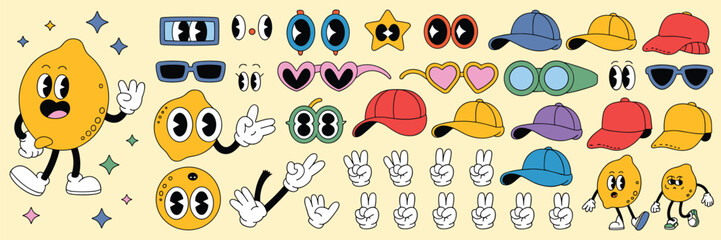 Obraz premium Cartoon character elements with lemons sunglasses and baseball caps sheet