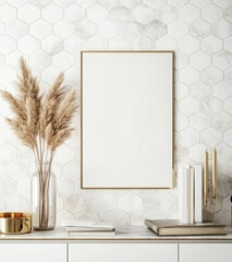 Modern Minimalist Mockup With Gold Frame And Pampas Grass