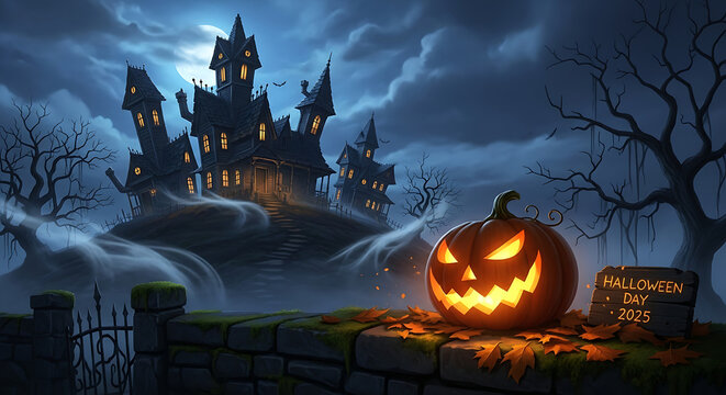 A spooky halloween scene with a haunted house pumpkin and halloween day sign under a cloudy night sky - Powered by Adobe