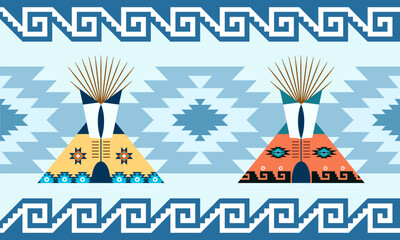 american Indian tent teepee vector on pattern native background.