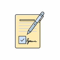 Signed document with pen, checkmark, and cursive signature indicating agreement or completion.