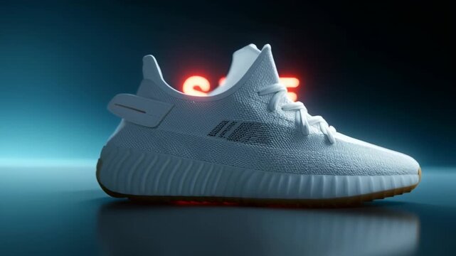 White sneaker sale with dynamic background and glowing text announcing discounts