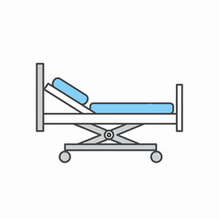 A modern adjustable hospital bed with a blue mattress and headrest, featuring a wheeled base for mobility.