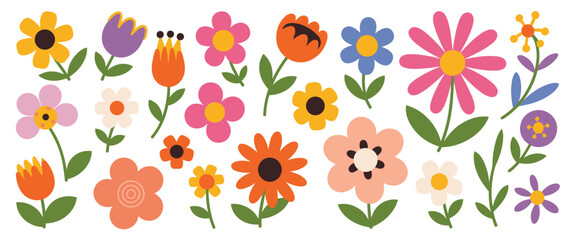 Obraz premium A collection of colorful cartoon style flowers on a white background floral nature