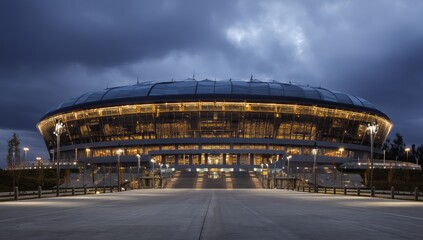 Modern football stadium exterior, front view, evening lighting, exterior lights on the stands and building, architectural photography.
