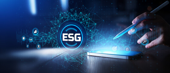 ESG Environmental Social Governance Strategy and Sustainability Concept Visualized on Smartphone...