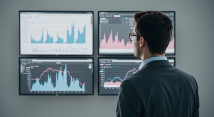 A focused businessman examines financial data on multiple computer screens, analyzing market trends and investments.