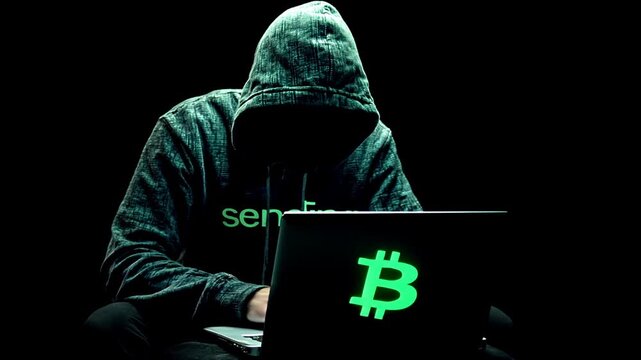hooded hacker typing on laptop in dark hacking scene. green holograph with the lettering "sending" and bitcoin logo. dark web cyber attack data theft in hacking attempt.