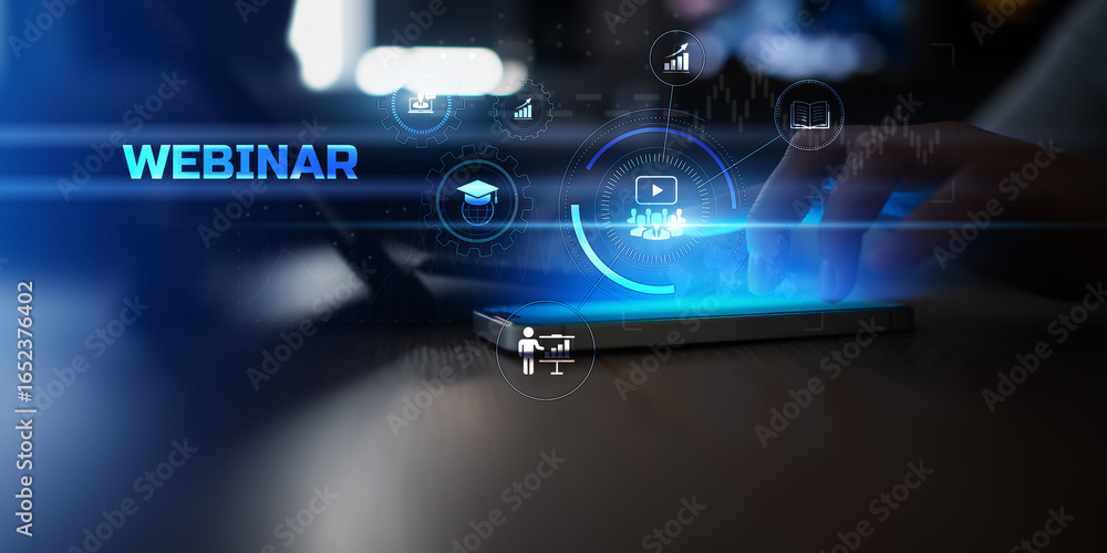 Poster webinar and online learning platform with digital conference interface on touchscreen.
