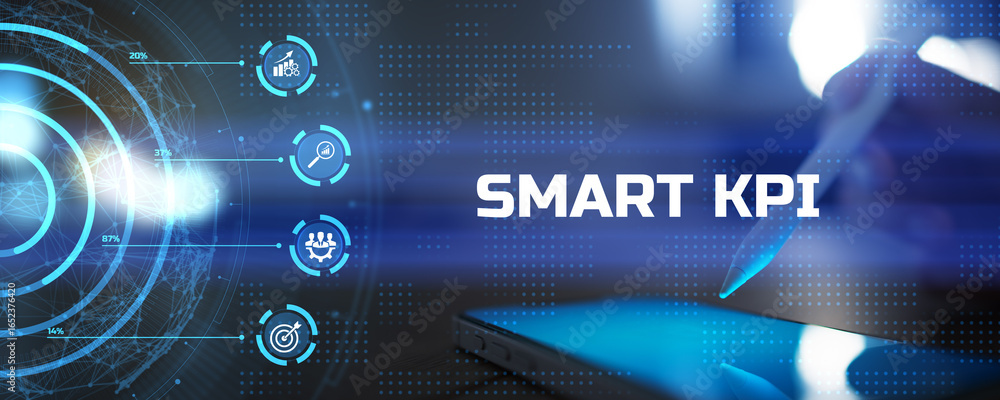 Poster smart kpi performance metrics and goal tracking illustrated on a digital interface.