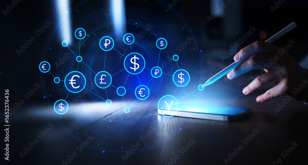 Poster global currency exchange network with digital payment and multi-currency integration.