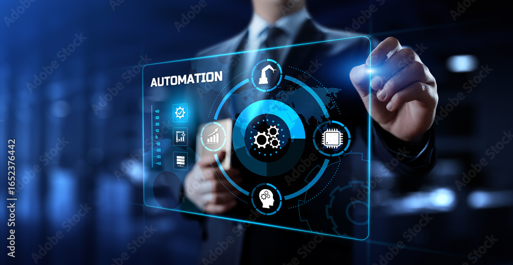 Poster automation innovation technology concept. businessman pressing button on screen.