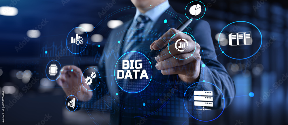 Poster big data analysis analytics internet technology concept. businessman pressing button on screen.