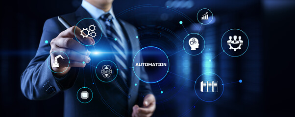 Automation Innovation technology concept. Businessman pressing button on screen.