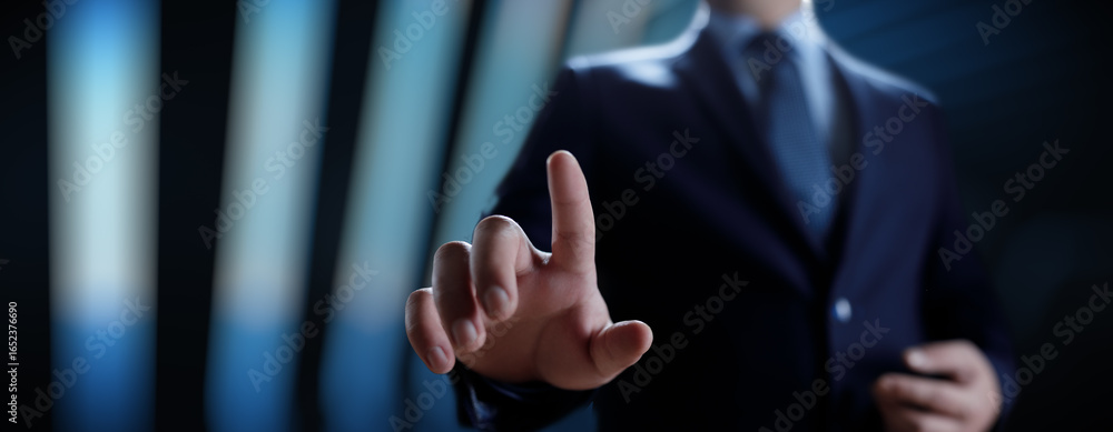 Poster businessman pressing button on virtual screen, innovation and digital touch interaction on futuristi
