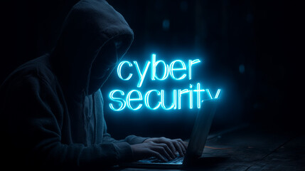 hooded hacker typing on laptop in dark hacking scene. blue holograph with the lettering "cyber security". dark web cyber attack data theft in hacking attempt.