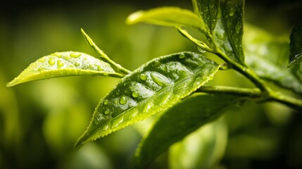 Close-up of fresh tea leaves with morning dewdrops, showcasing natural botanical details.
