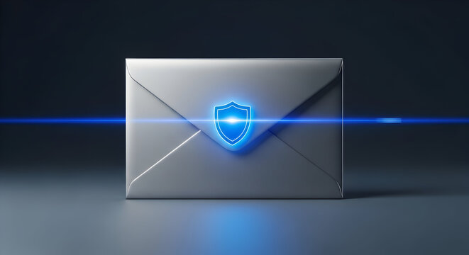 Secure digital communication concept featuring an illuminated envelope with a shield emblem, conveying protection and privacy.