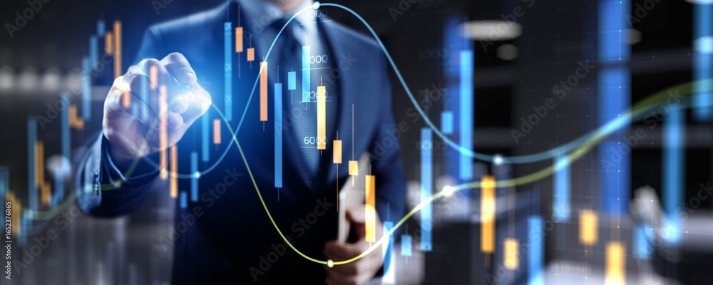 Poster advanced financial analysis and strategic decision-making with digital visualization.