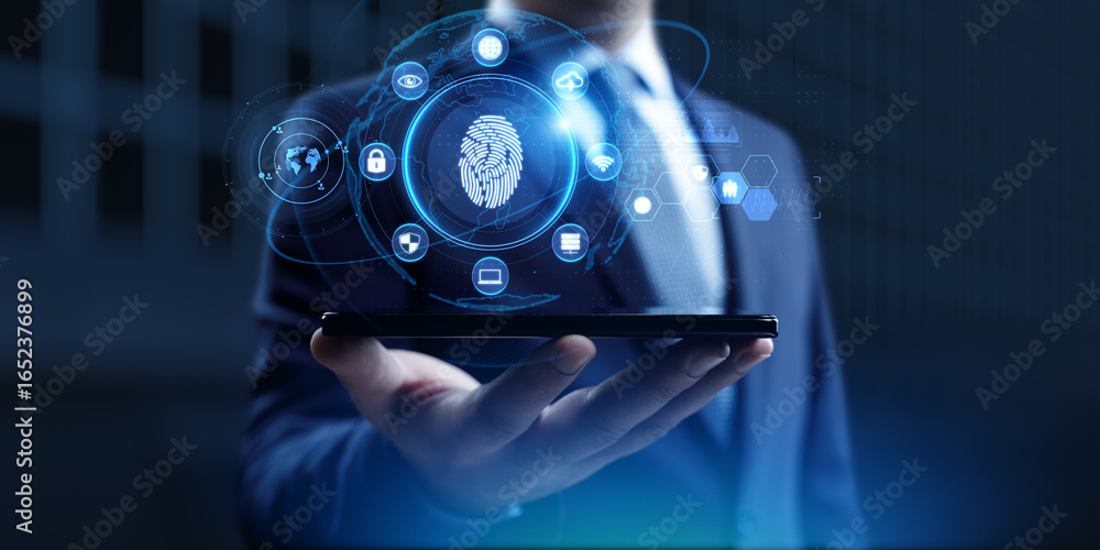 Aufkleber biometric security access and digital identity interface on virtual screen.