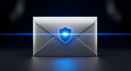 Conceptual illustration of a digital envelope secured with a shield, representing secure communication, privacy, and data protection on a dark background.